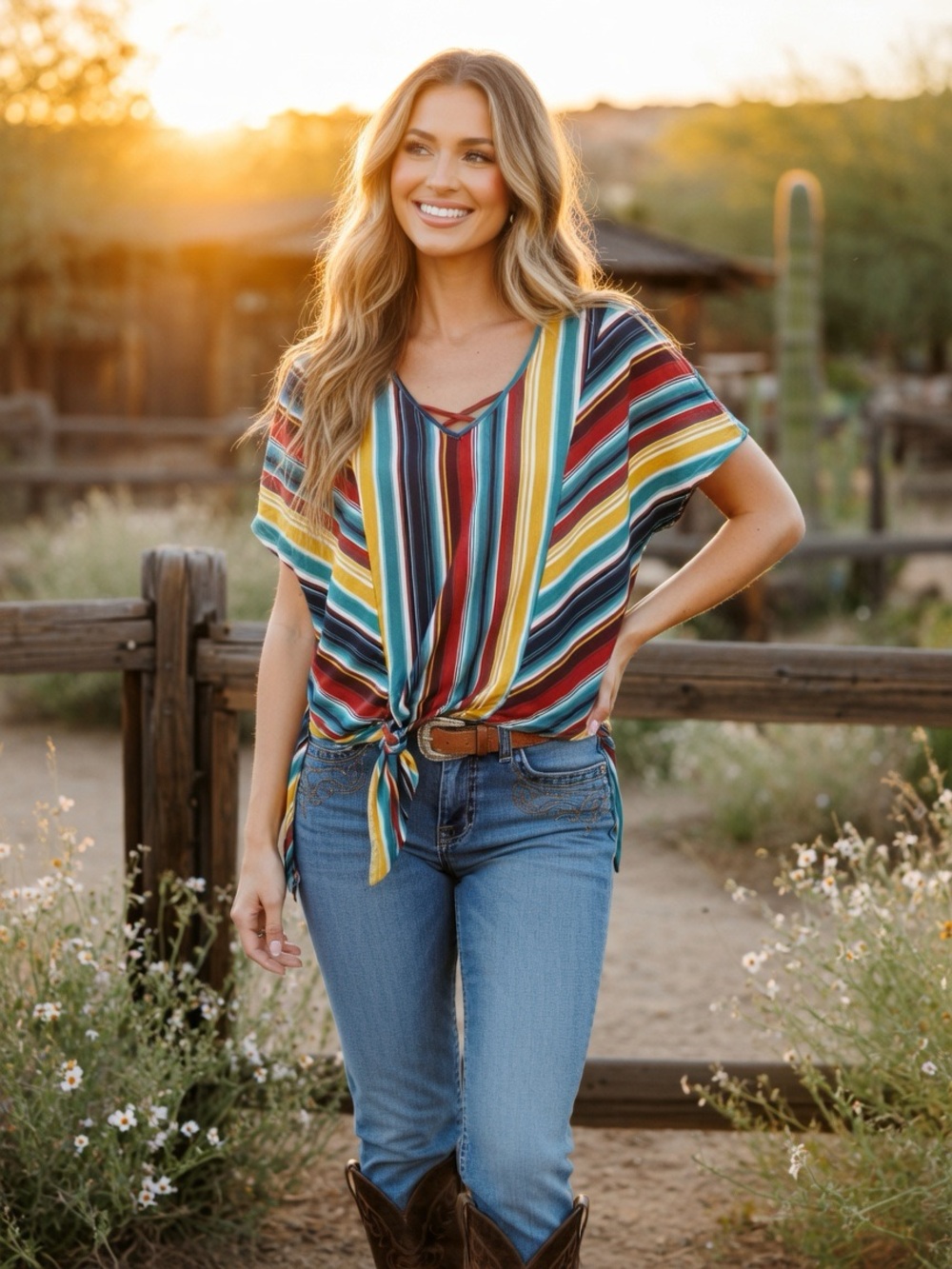 Panhandle Slim Striped Boho Tie Front Blouse Tee Size S Western NWOT